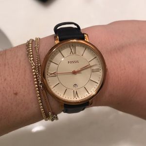 Fossils watch- Rose gold face and navy leather adjustable band